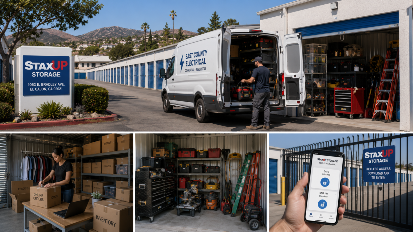 Drive-up commercial storage units at StaxUP Storage on East Bradley Avenue in El Cajon CA for local businesses and contractors