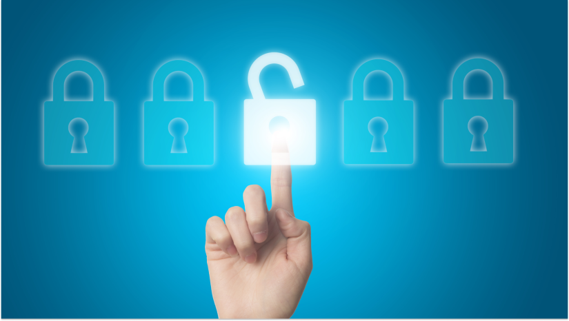 finger pressing a digital white lock with blue locks on a blue background