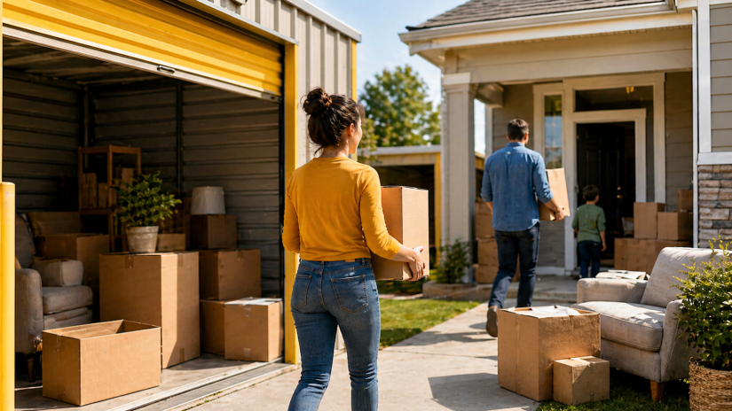 A photo pictorially represented a storage unit right next to a new home representing that a storage unit is like an extended home space making relocation seamless