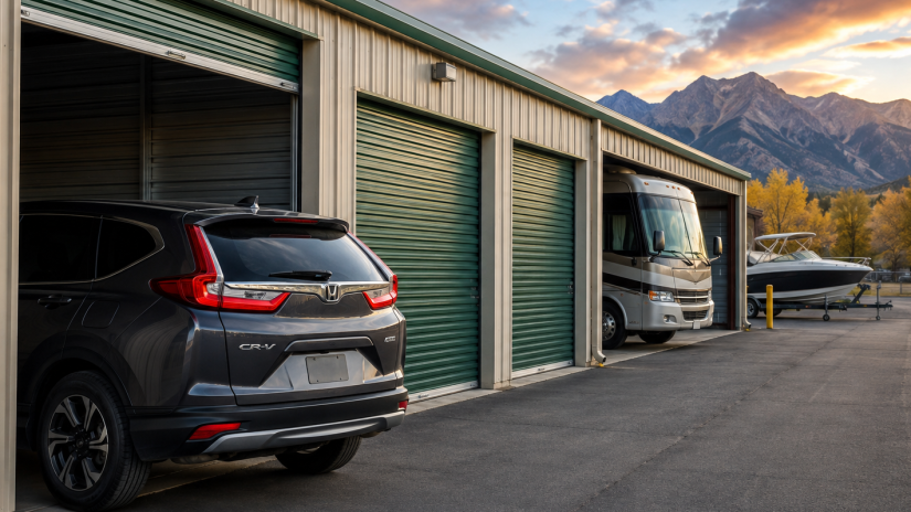 **ALT text:** Fort Collins vehicle storage facility with an SUV, RV, and boat parked near storage units with Rocky Mountain scenery in the background.