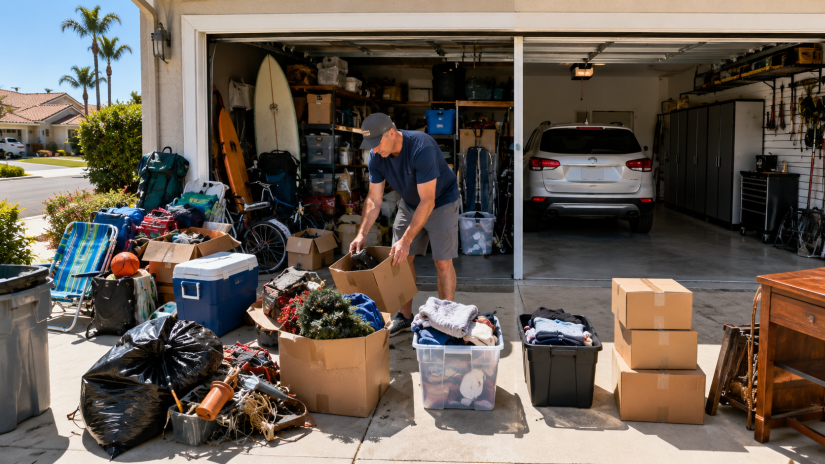 Cluttered Southern California garage being cleaned out with items sorted for storage donation and disposal near StaxUP Storage locations in San Diego County