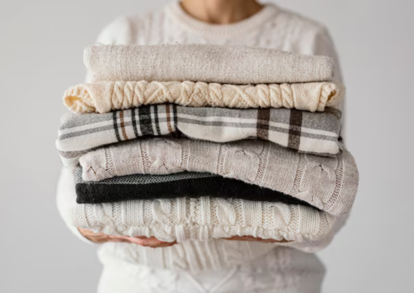 person holding up folded clothing