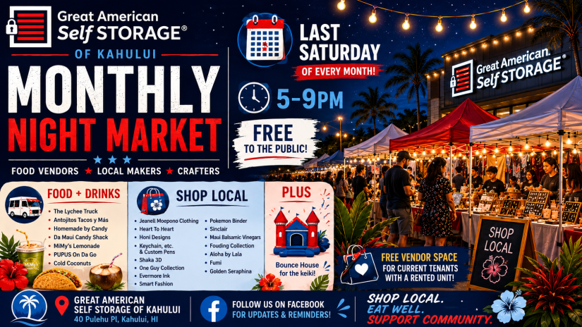The image shows a poster for Great American Self Storage's Monthly Night Market.