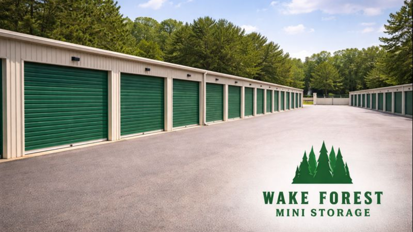 Drive-up storage units with green roll-up doors at Wake Forest Mini Storage, featuring wide paved access lanes and surrounding pine trees.