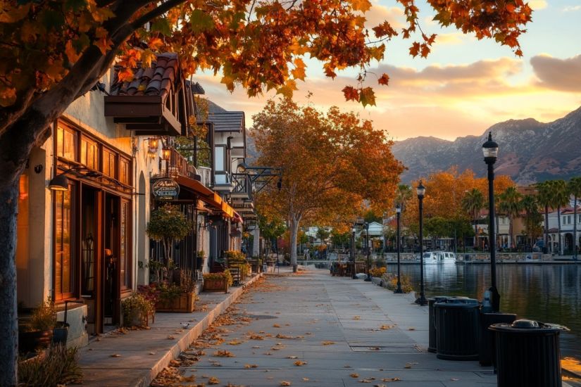 Image of a walkable street with a warm sunlight glow on the buildings and trees