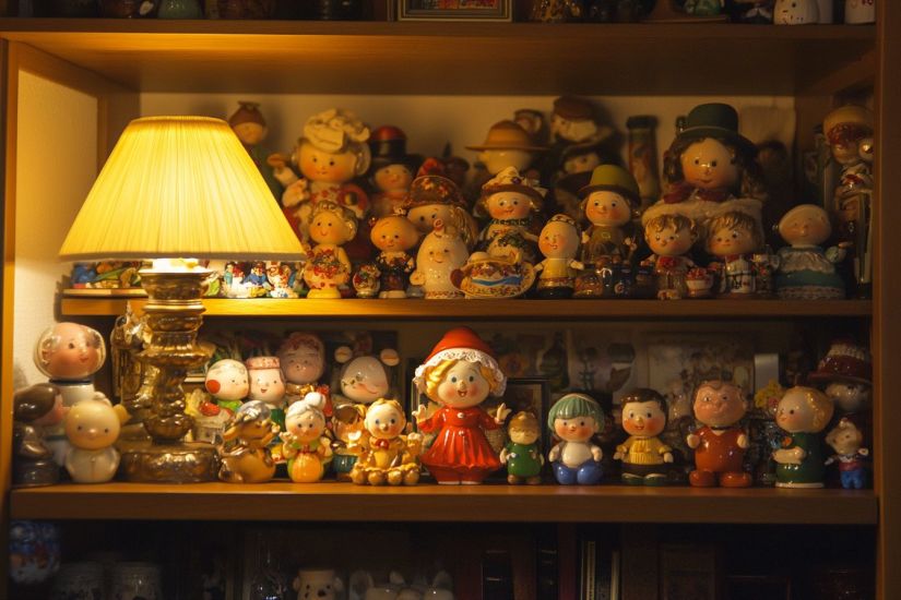 Collection of dolls and figures organized on a book shelf, illuminated by a low lit table lamp
