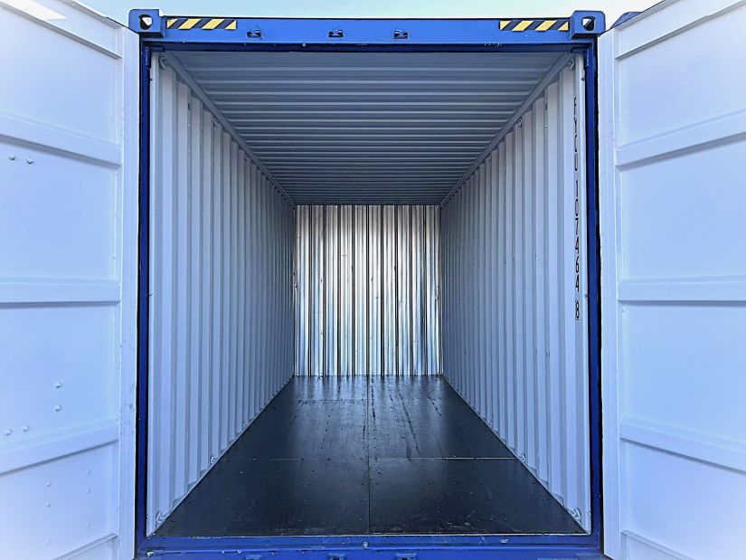 container with booth doors open