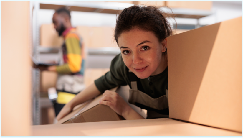 woman looking between boxes