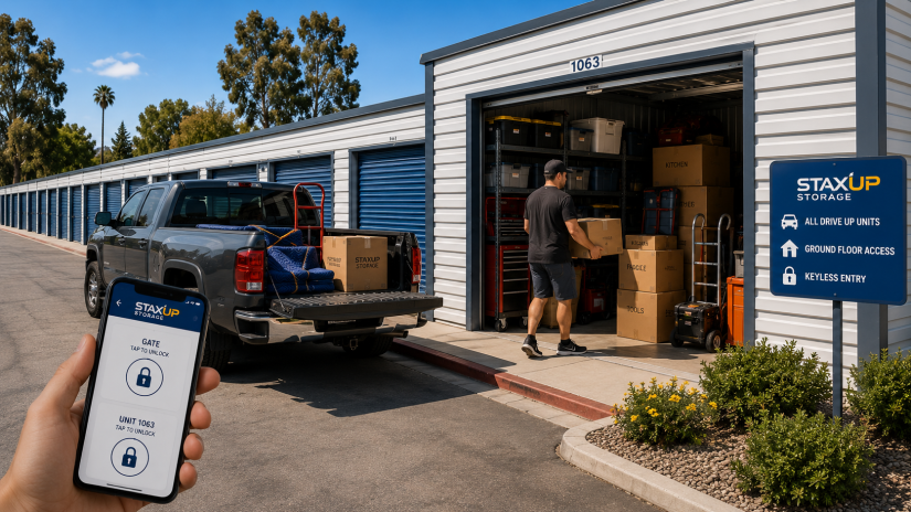 Ground level drive-up storage units at StaxUP Storage on East Bradley Avenue in El Cajon CA with keyless entry access