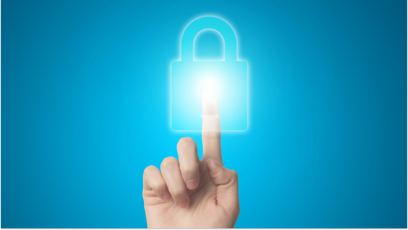 hand on digital lock with blue background