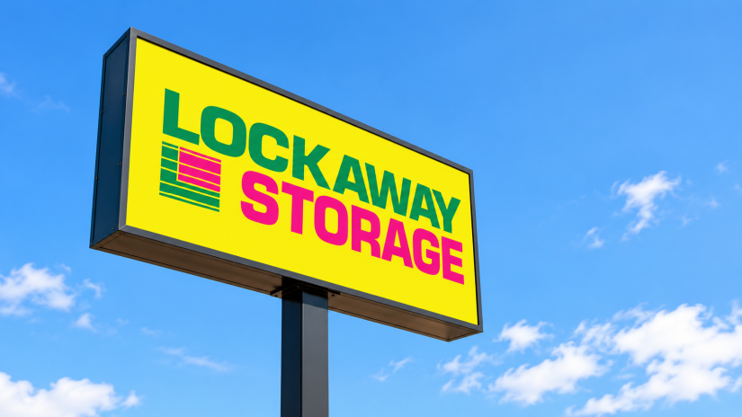 Lockaway Storage roadside sign on a tall post against a bright blue sky.