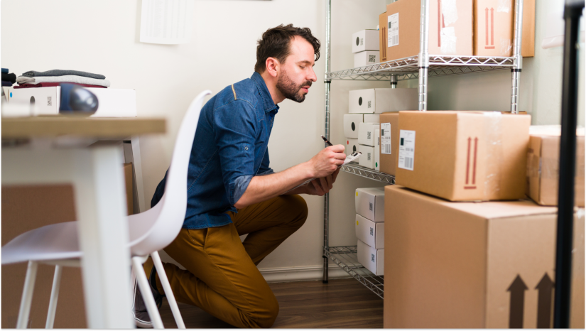 man looking at storage units and taking notes while kneeling and wearing blue and brown