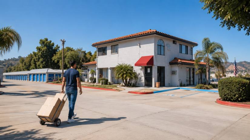 A customer walking with moving boxes toward a clean self storage facility with drive-up units and palm trees on a sunny day in Lakeside, California.
