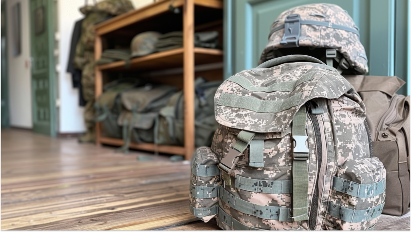 military backpack and hat sitting neatly on the floor