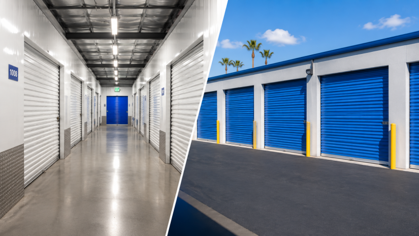 Side by side comparison of indoor hallway storage units and exterior drive-up storage units at a self storage facility in Southern California