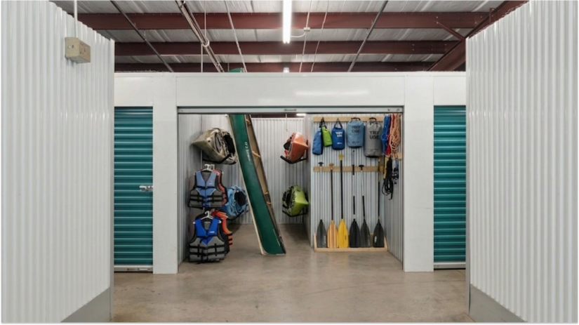 Canoes and kayaks neatly stored in an indoor self storage unit with room for paddles and gear