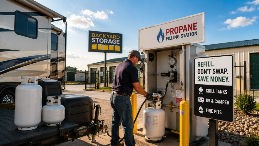 Propane refill at Backyard Storage in Marion, TX.