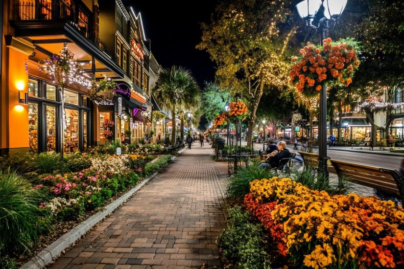 illuminated street with flowers