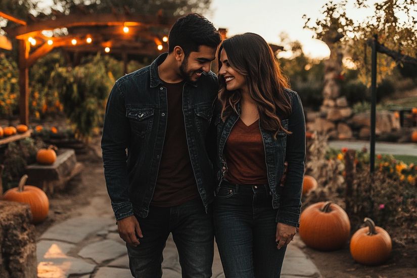 a couple with pumpkins in the back