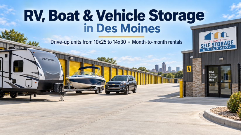 RV, boat, and vehicle storage at b.Mac’s Self Storage in Des Moines with drive-up units.