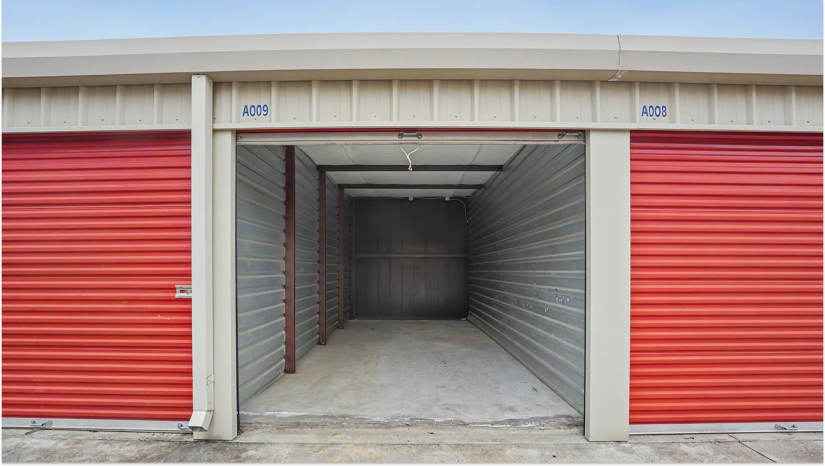 open drive up storage unit with red roll up doors and a gray interior