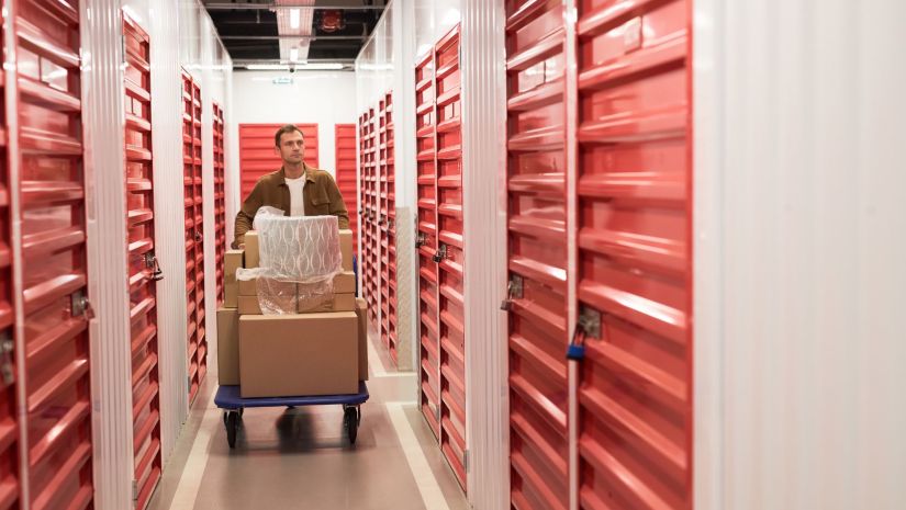 Man pushing cart of boxes in self storage facility