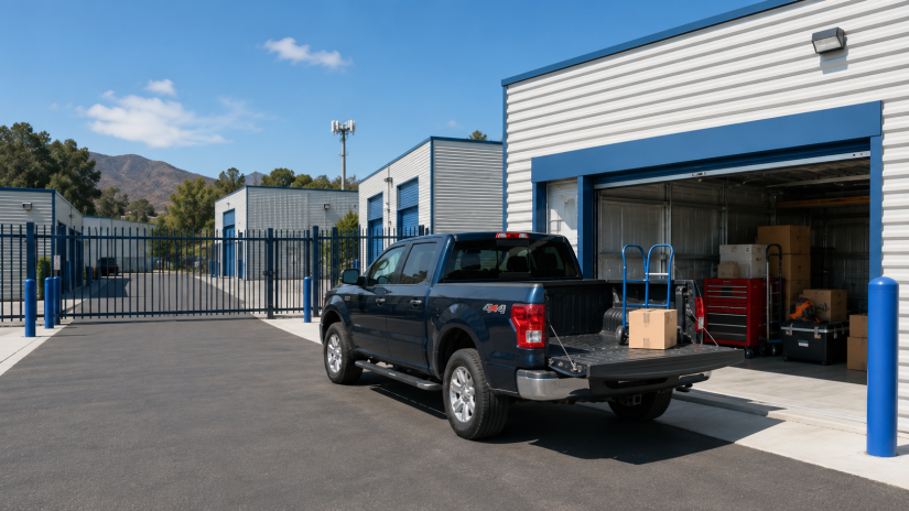 Drive-up storage units at StaxUP Storage on Hill Street in El Cajon CA with vehicle access and roll-up doors