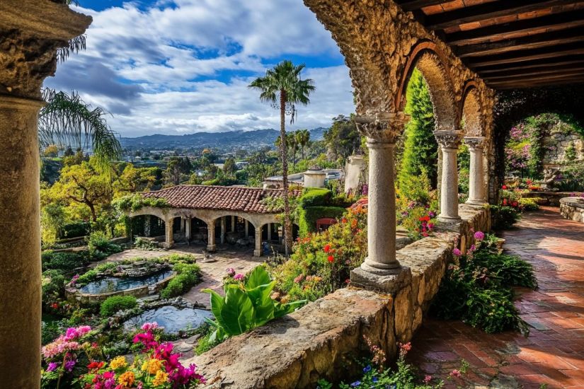 Image of a exotic villa with marble poles overlooking a mediterranean home with a blue cloudy sky