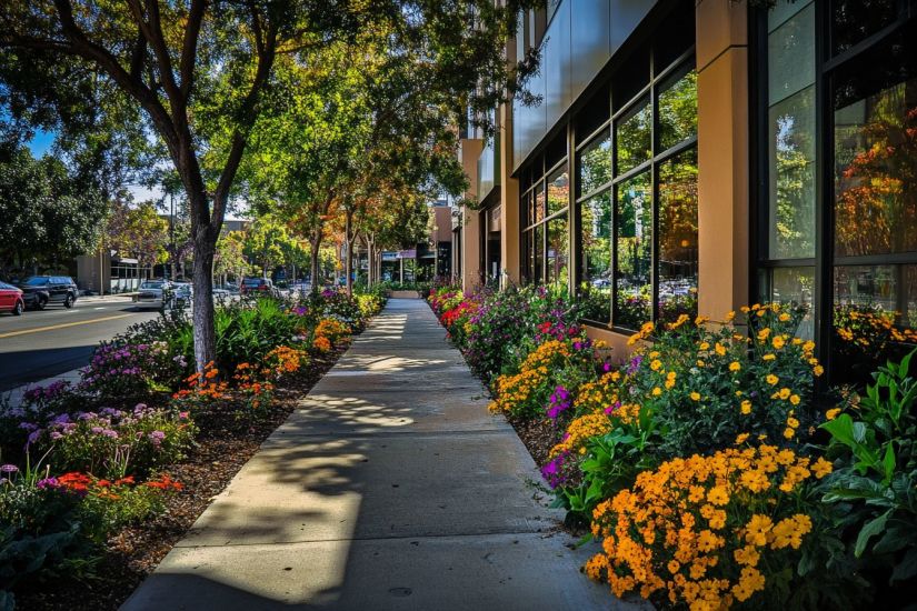 Tree-lined commercial street in San Jose with modern storefronts and landscaped walkway