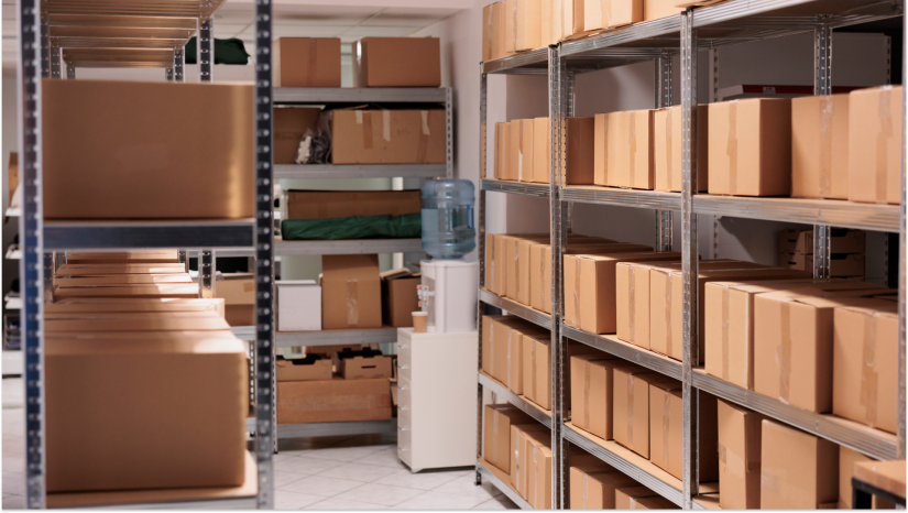 storage boxes neatly on a metal shelf