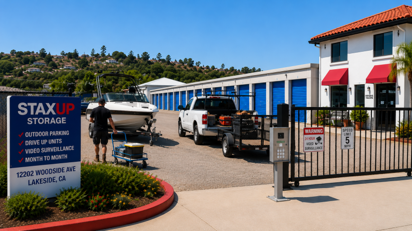 Outdoor vehicle storage parking spaces at StaxUP Storage on Woodside Ave in Lakeside CA with fenced perimeter and video surveillance