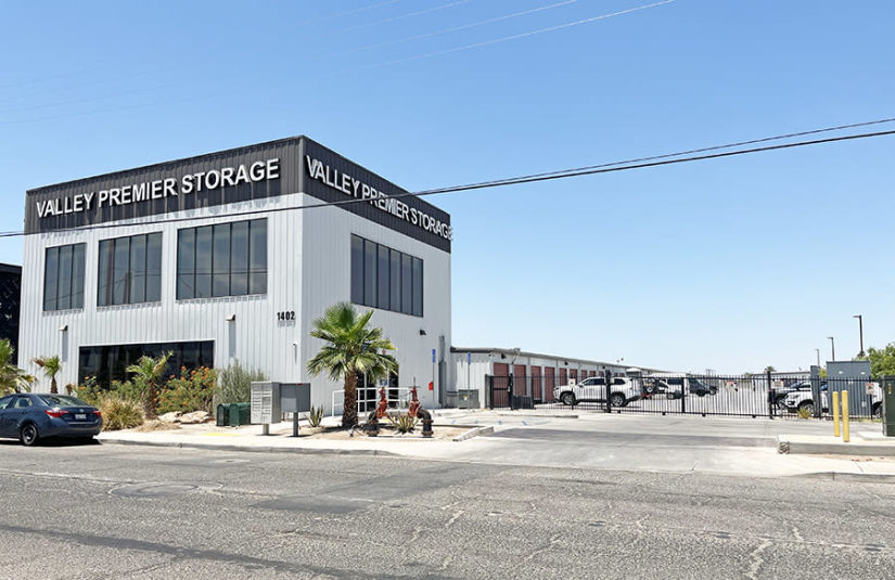 The front office of the Valley Premier Storage building. The gated entrance is also visible.
