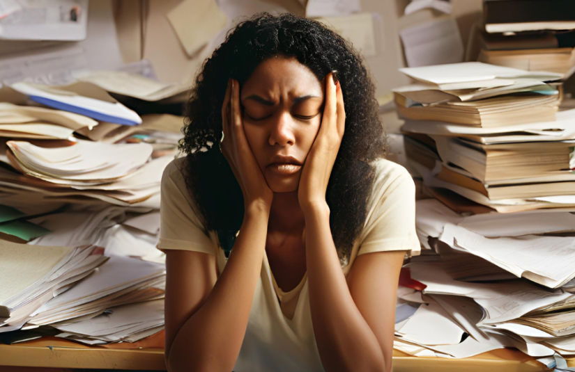This image depicts a woman crowded by clutter in her workspace. She has both hands on her face and has piles of papers behind her.