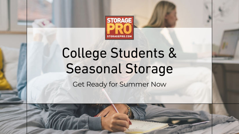 Image of students in a dorm room and overlay text - college students and seasonal storage