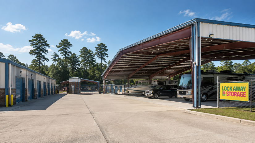 Covered canopy parking spaces at Lockaway Storage Montgomery with a boat and truck parked underneath