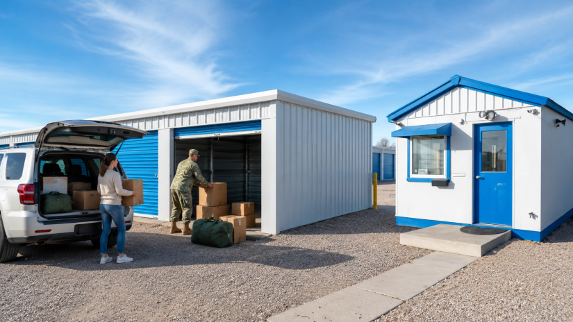Military family loading boxes into a storage unit in Cheyenne.