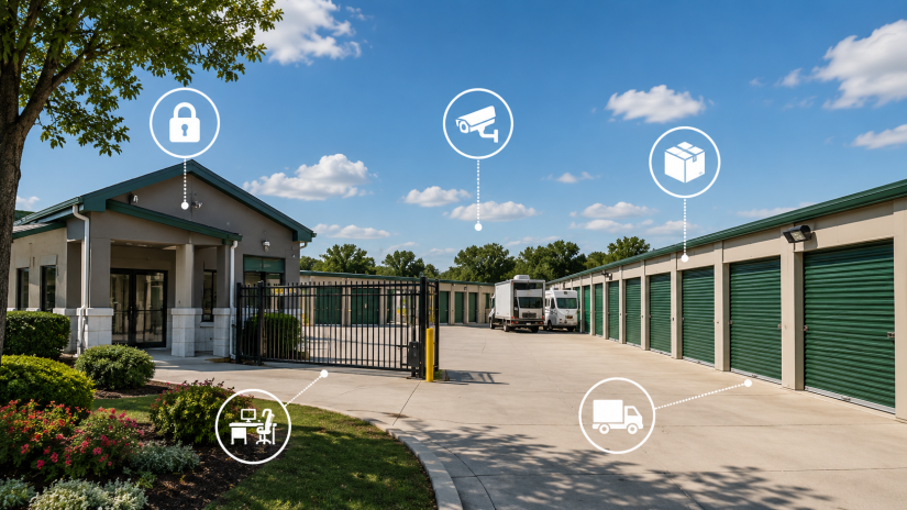 Modern self storage facility with office suites, drive-up units, and business storage infographic icons.