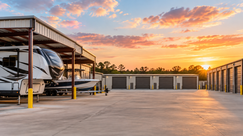 RV and boat parked under covered storage at Lockaway Storage Little Egypt in Conroe, TX.