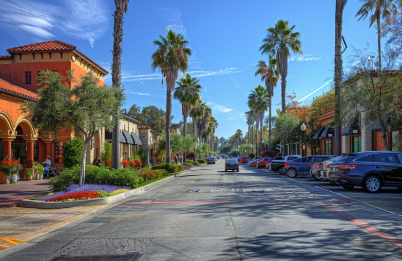Image of parking lot with cars and palm trees