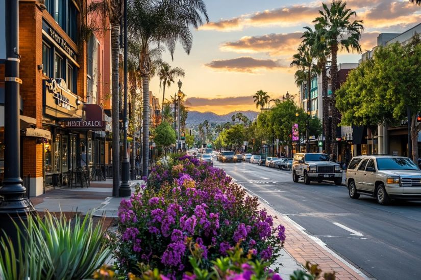 AI Image a sunrise over a clean street with cars, flowers and trees