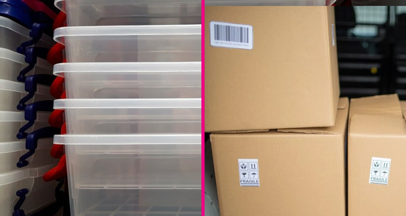 An image divided in half by a pink line. On the left side of the image is a stack of plastic bins. On the right side, a pile of cardboard boxes.