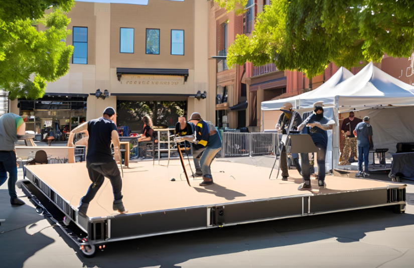 This image shows musicians in Modesto California performing on a stage downtown.