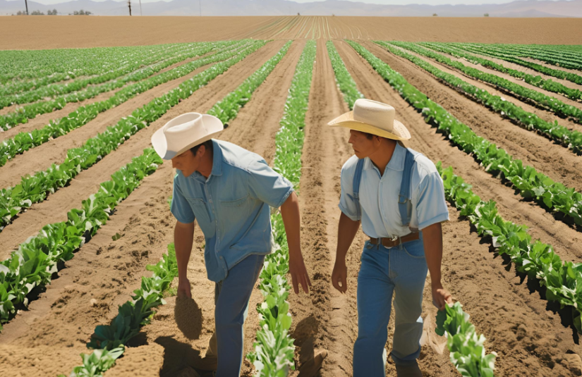 This image shows agricultural workers in the city of Bakersfield in a field.