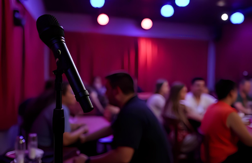This image shows a mic on stage and people inside of a comedy club.