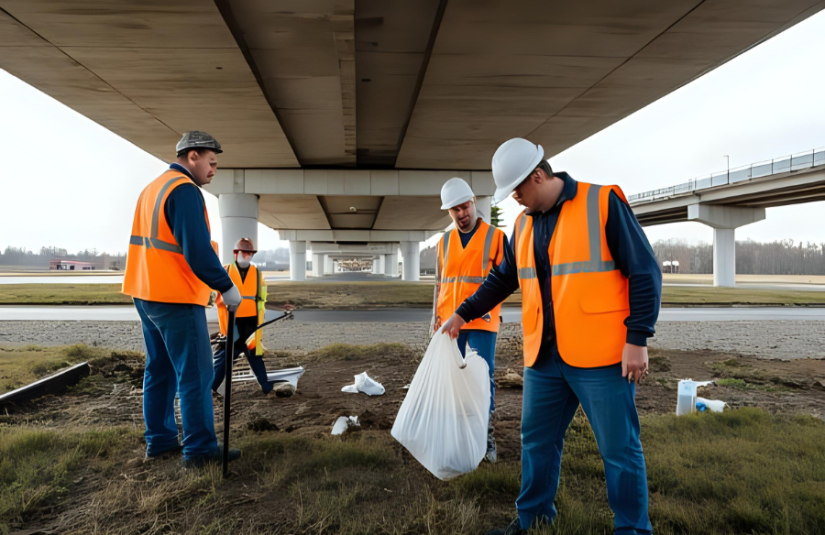 This image shows a group picking up trash under a highway.