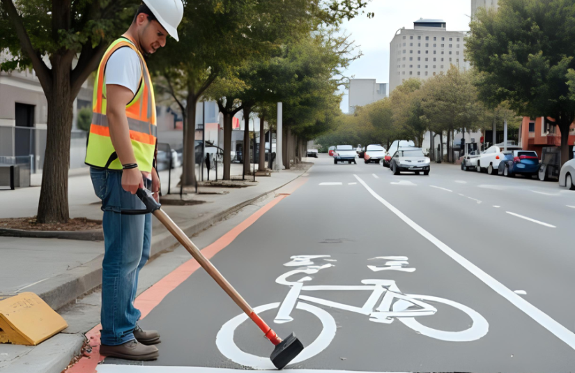 This image shows a construction worker painting a bike lane in the city of Fresno California.