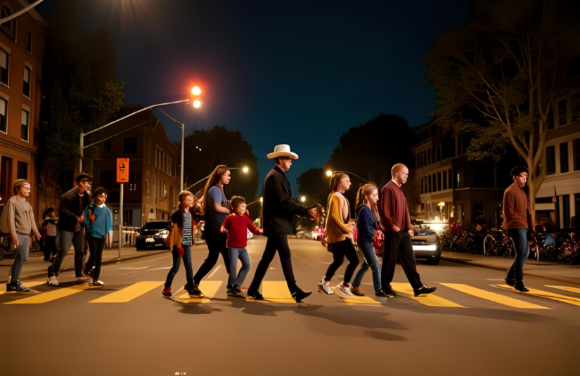 This image shows a group of families crossing the street on Halloween night.