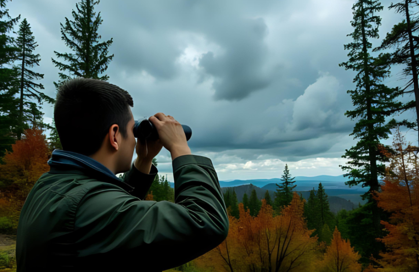 This image shows a person with binoculars watching a storm forming