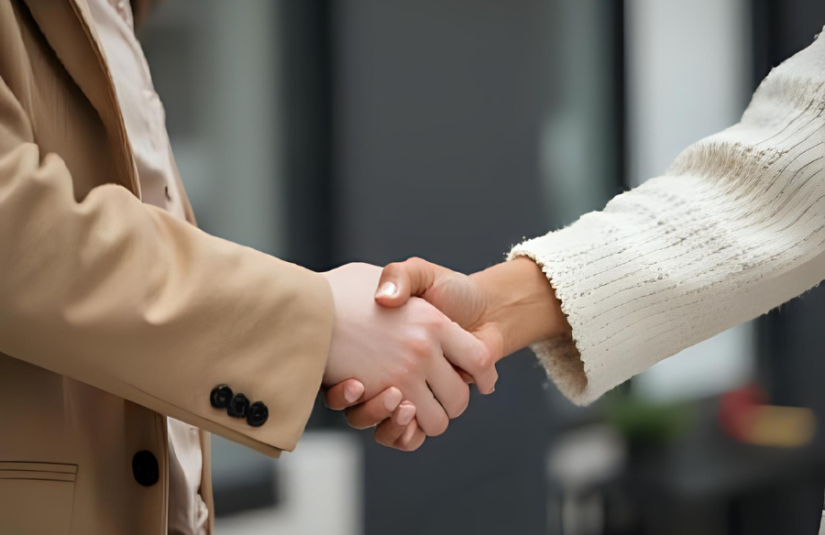This image shows two people shaking hands completing a deal.