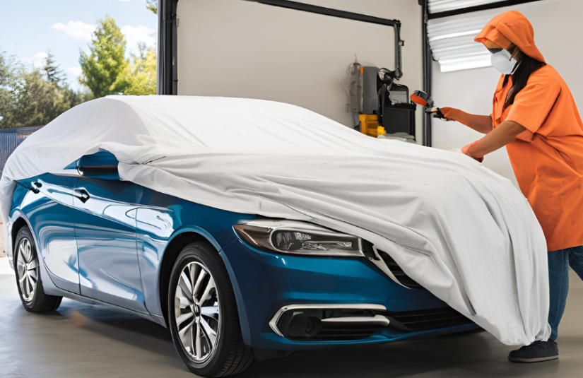 This image shows a car cover being used in a self storage unit.